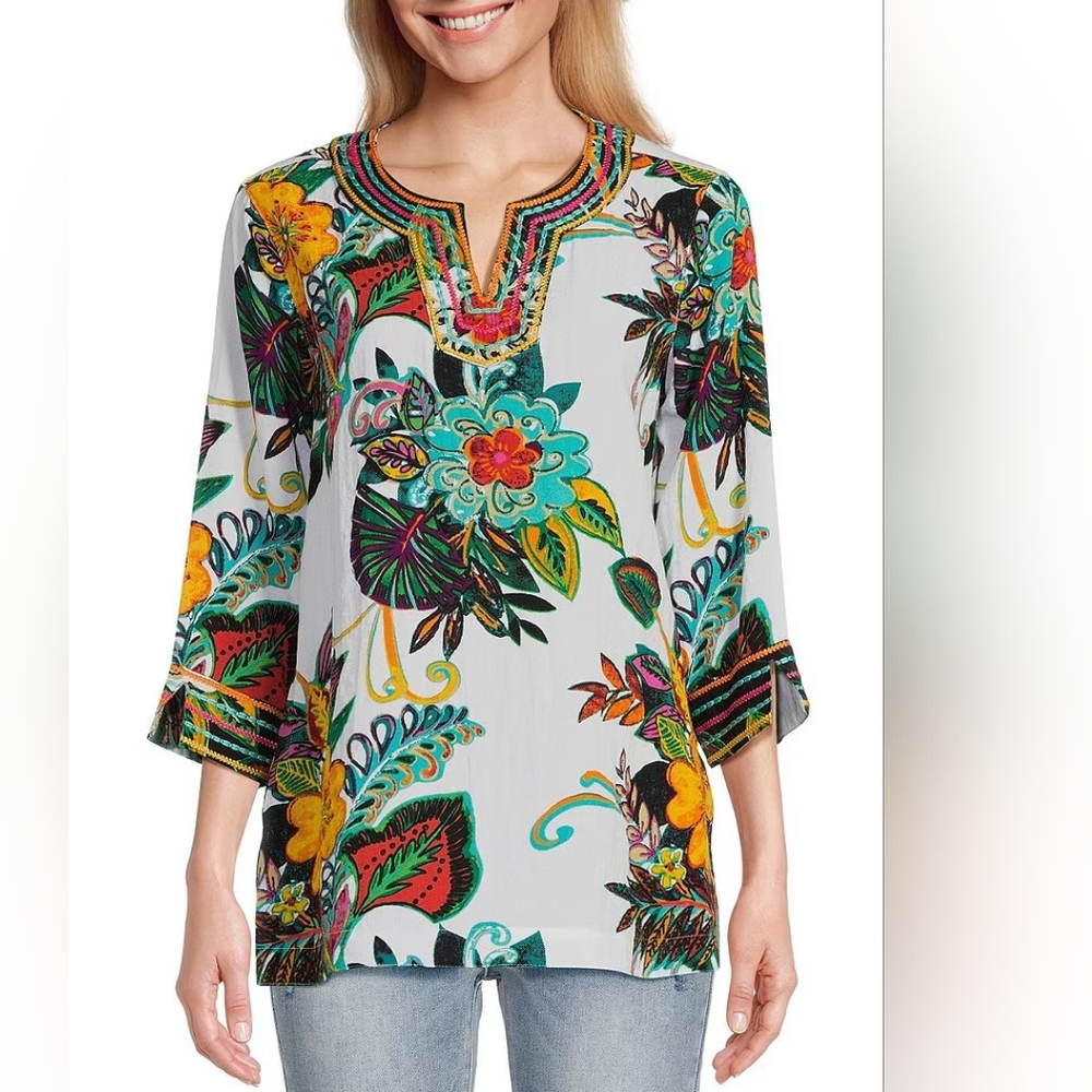 Tropical Floral Print Round Split Neck 3/4 Sleeve Tunic